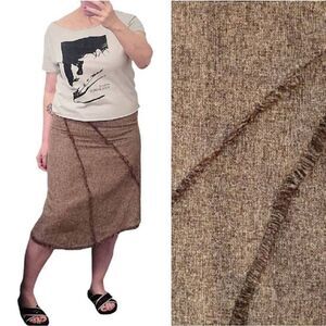 VTG Brown Boho Tweed Fringe Trim High Rise Midi Skirt Size 6